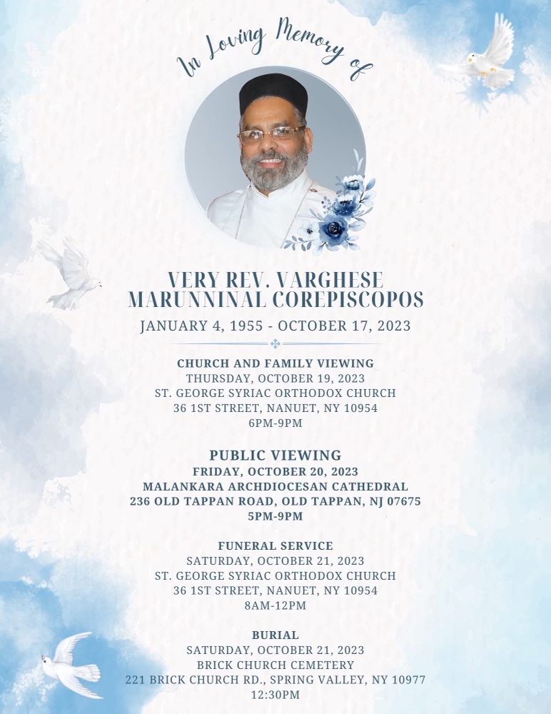 Funeral Details  of V Rev Fr Varghese Marunninal